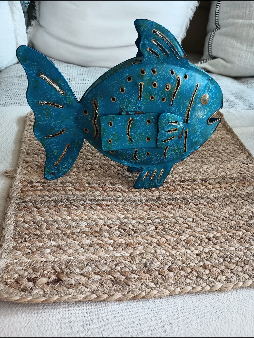 Vintage Weathered Metal Fish Tea Candle Holder | Rustic Beach House Decor Patio